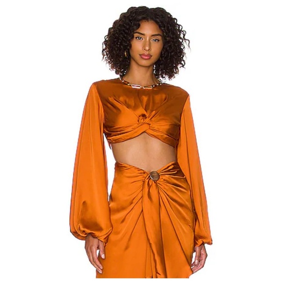 Andrea Iyamah | Bubble Sleeve Front Twist Satin Behati Rust Cropped Top | XS - Picture 5 of 15